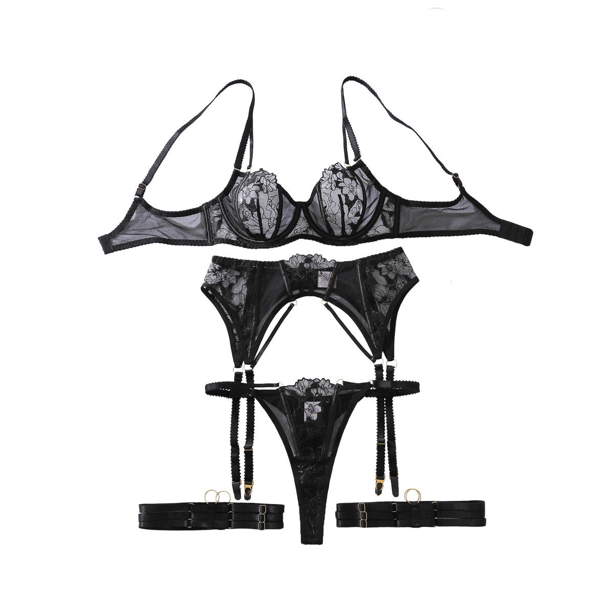 Perspective Embroidered Flower Backless Double Shoulder Strap Underwear Split Set