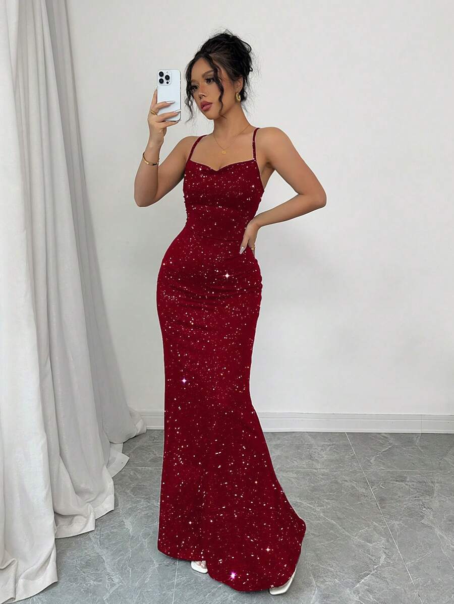 Sequined Halter Backless Mermaid Maxi Dress