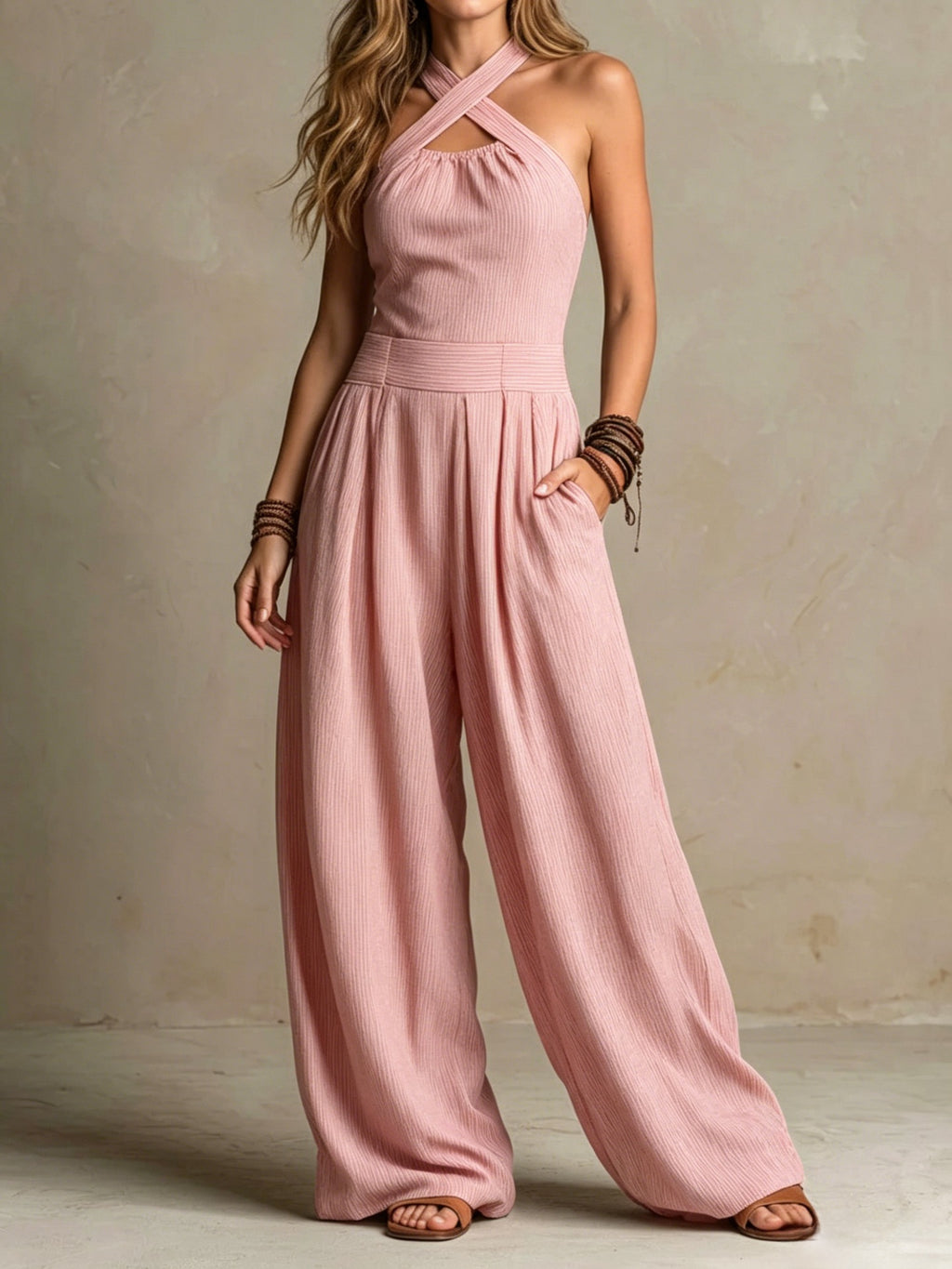 Crossed-necked openwork one-piece