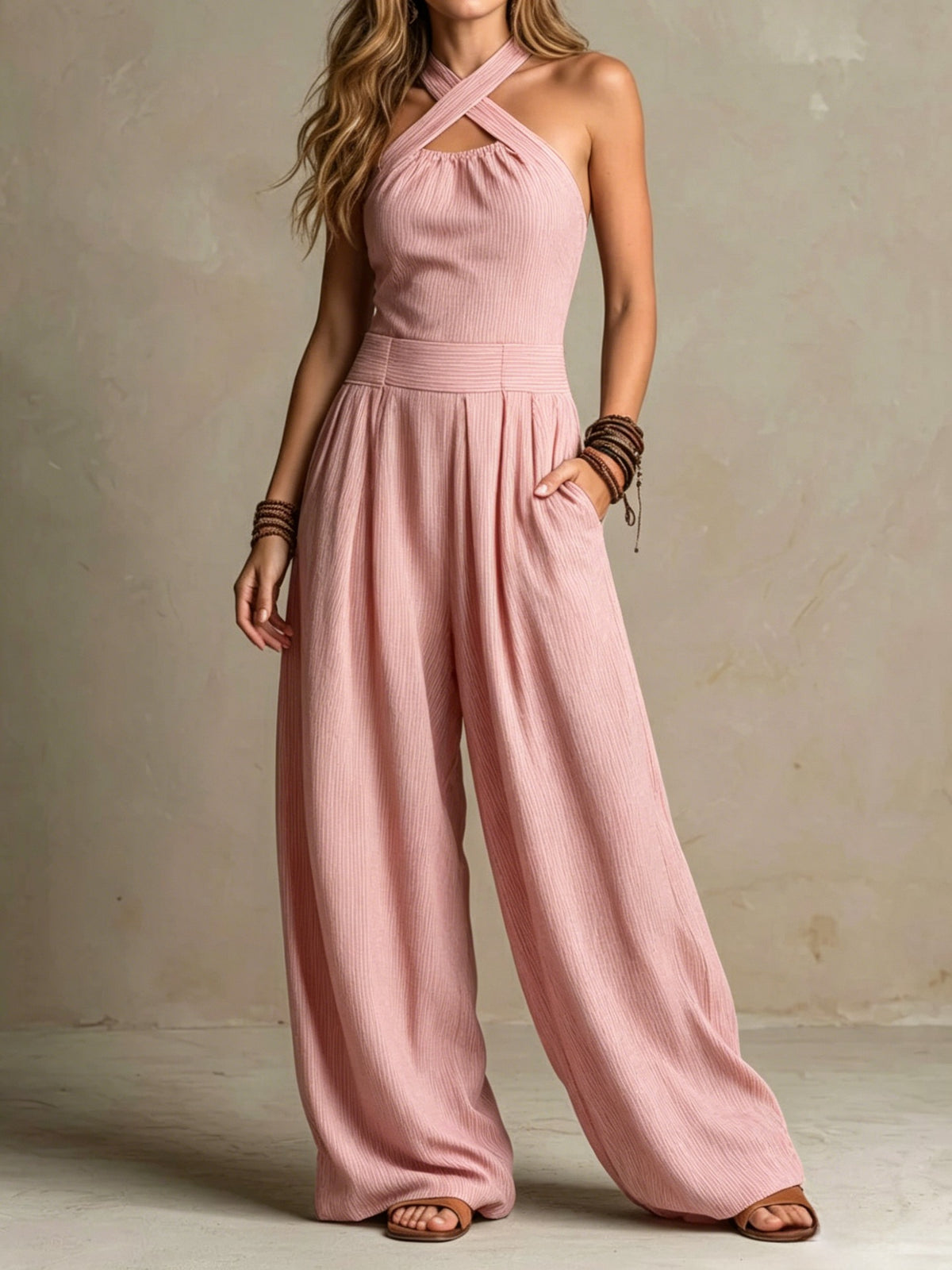 Crossed-necked openwork one-piece