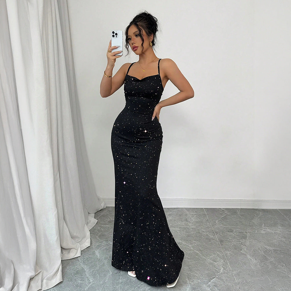 Sequined Halter Backless Mermaid Maxi Dress