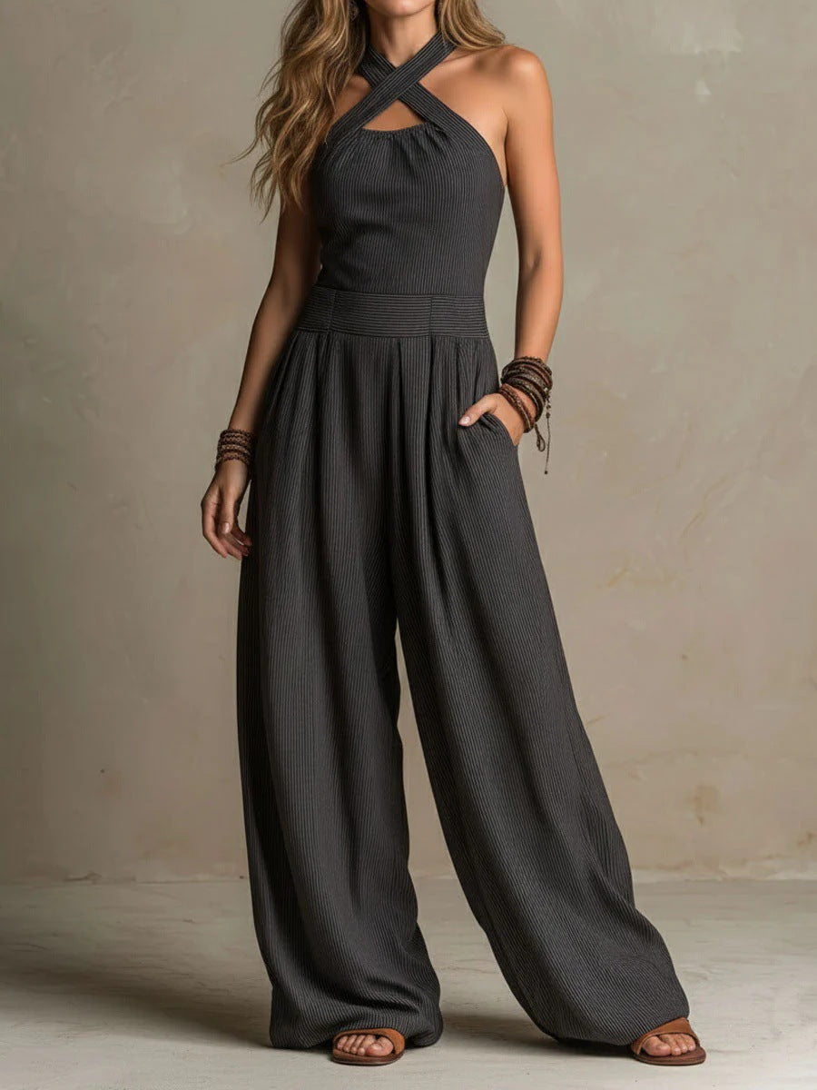 Crossed-necked openwork one-piece