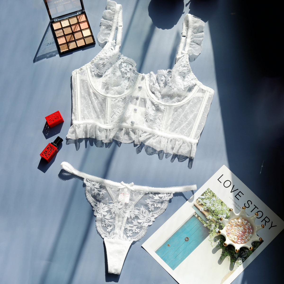 Sheer Embroidered Lace Suspender Intimates