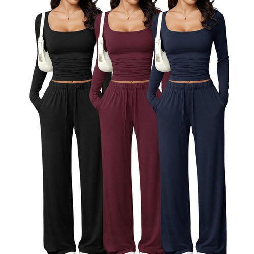casual pants set with square-neck long-sleeve short top