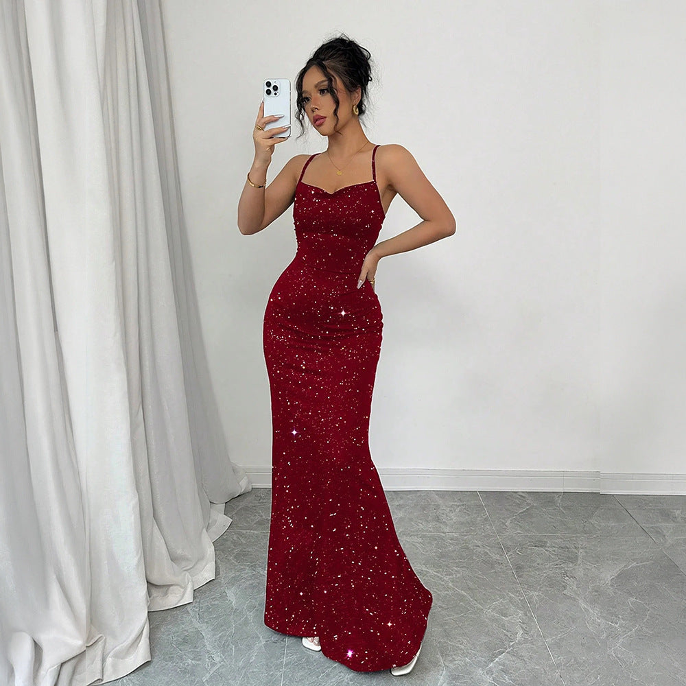 Sequined Halter Backless Mermaid Maxi Dress