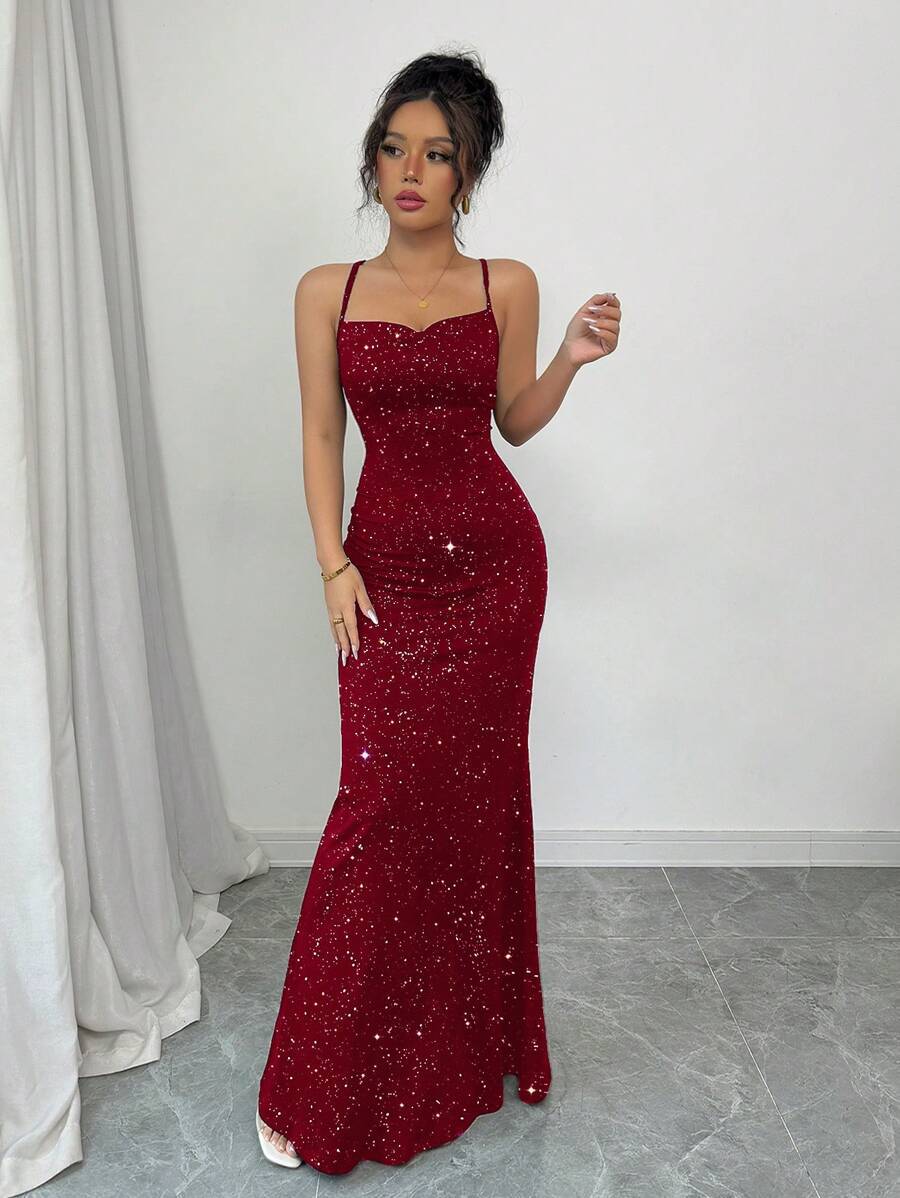 Sequined Halter Backless Mermaid Maxi Dress