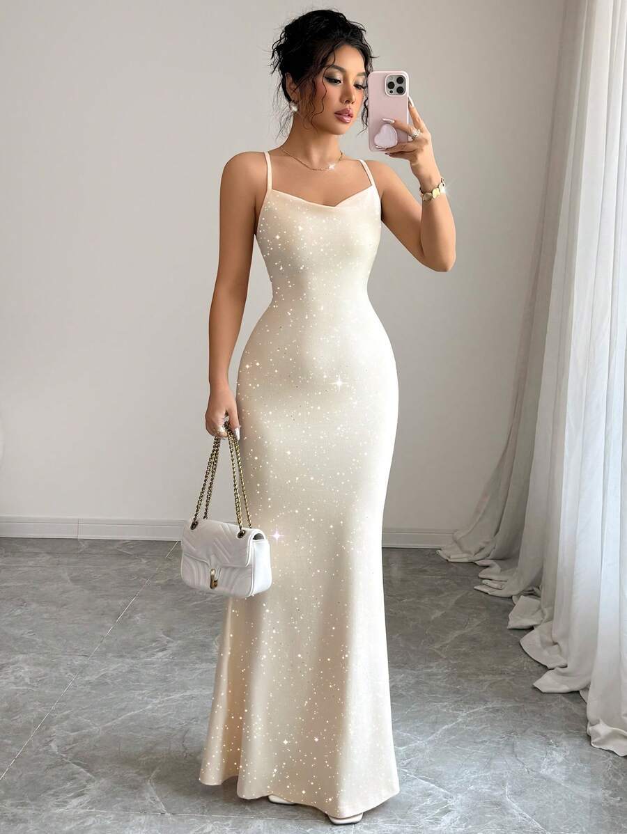 Sequined Halter Backless Mermaid Maxi Dress