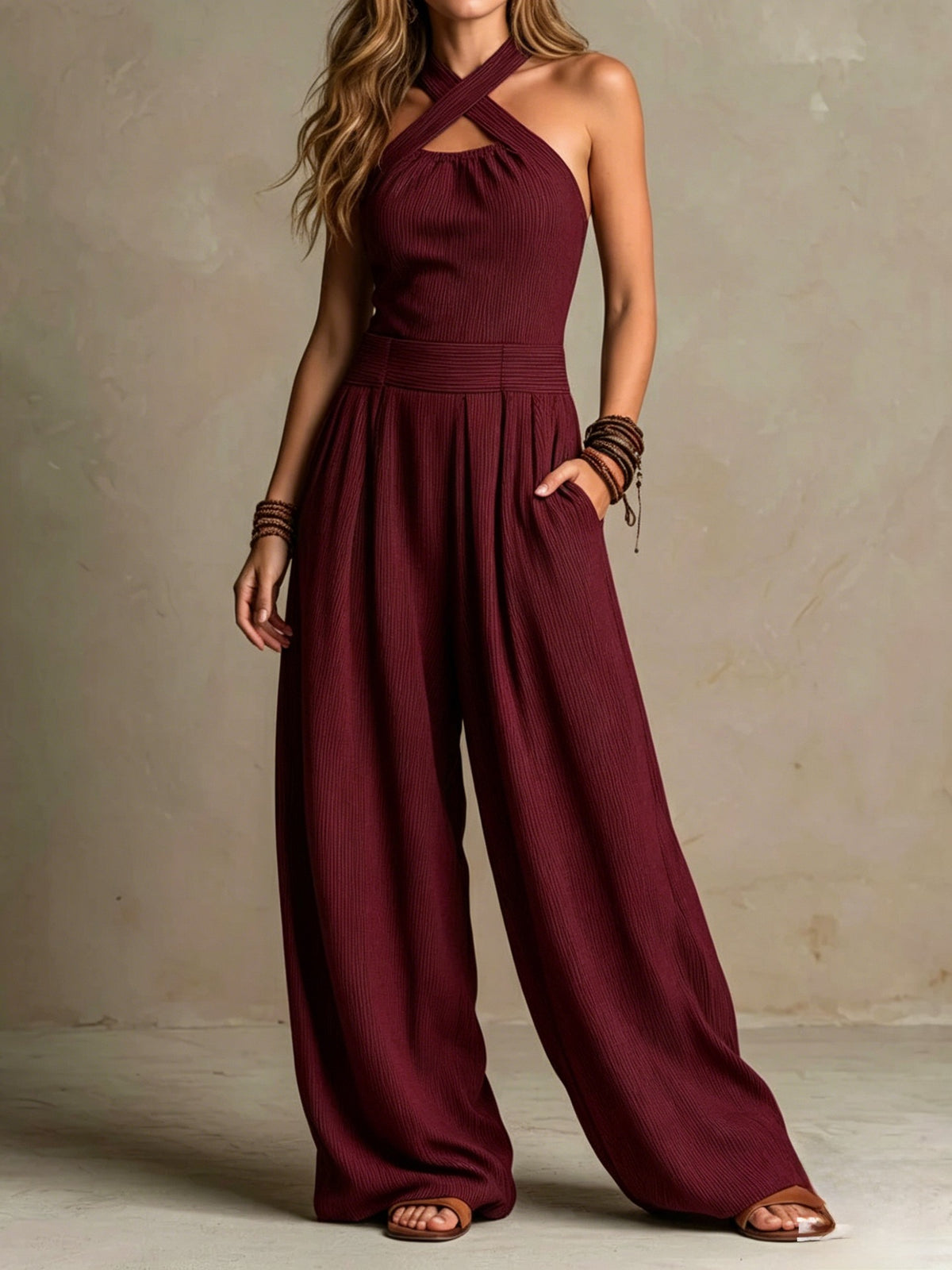 Crossed-necked openwork one-piece