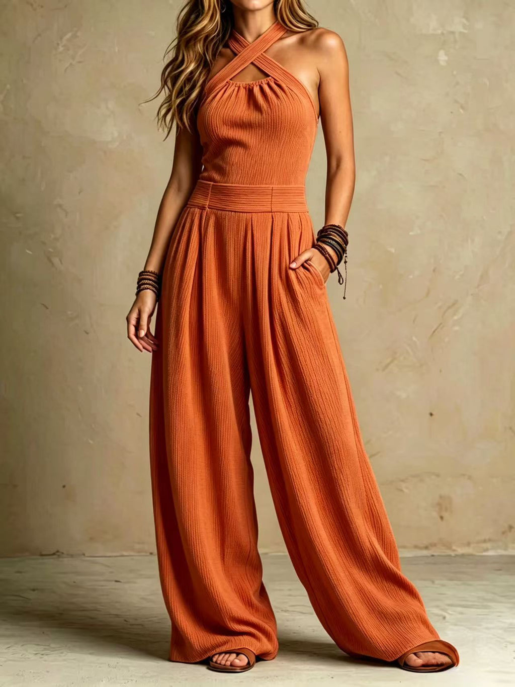 Crossed-necked openwork one-piece