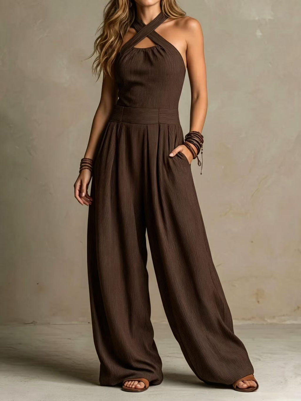 Crossed-necked openwork one-piece