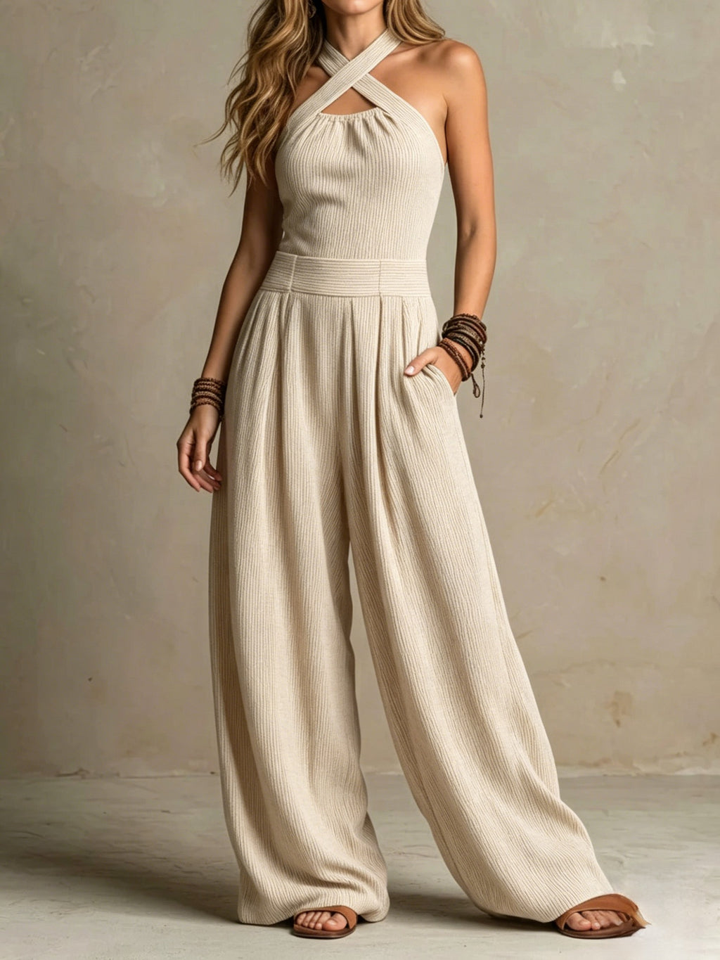 Crossed-necked openwork one-piece