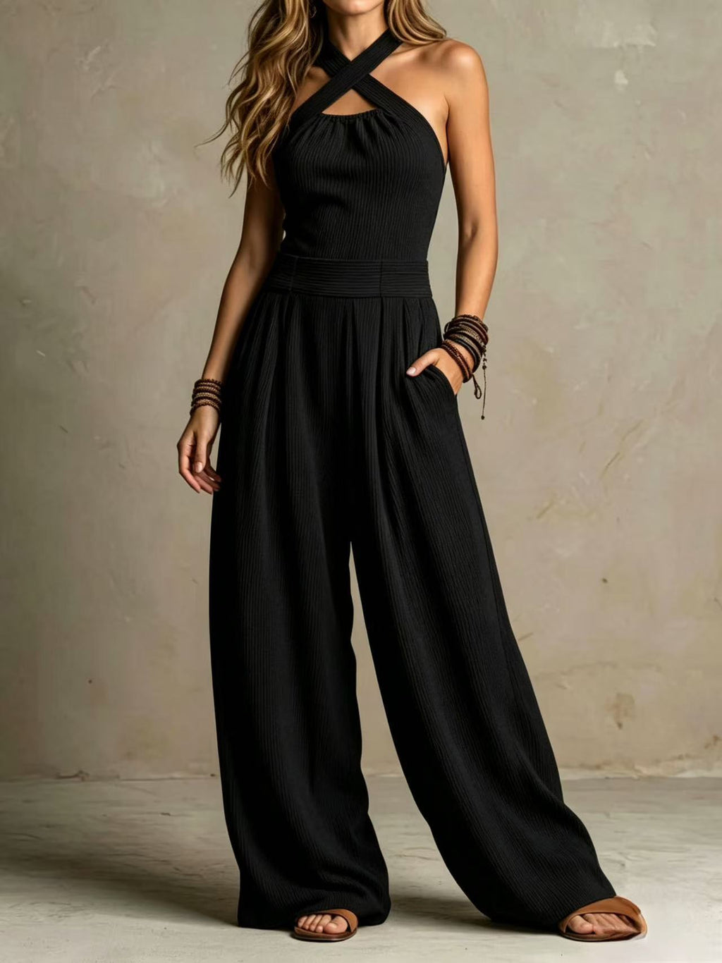 Crossed-necked openwork one-piece