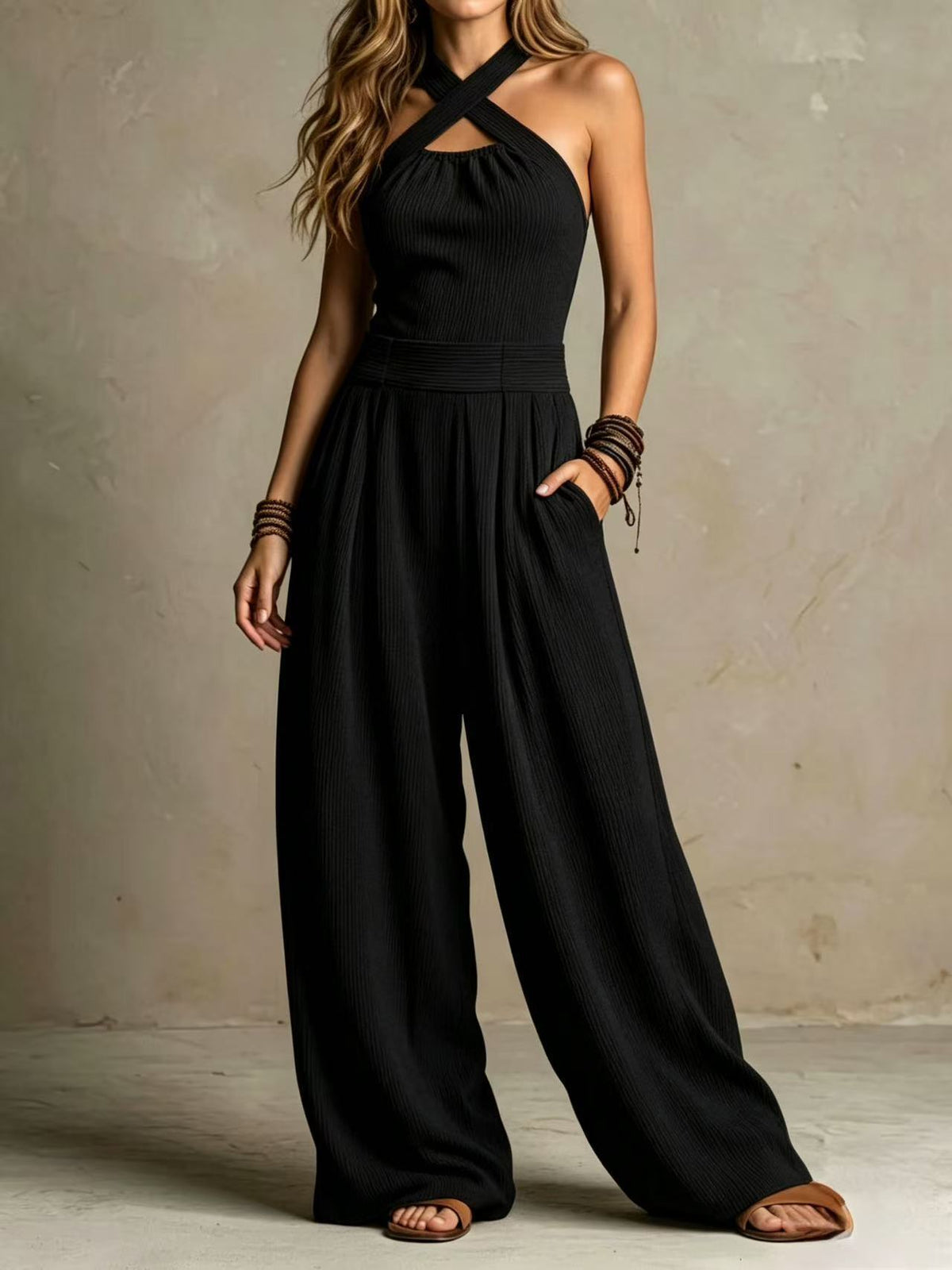 Crossed-necked openwork one-piece