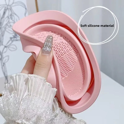 Pink collapsible silicone makeup brush cleaning bowl