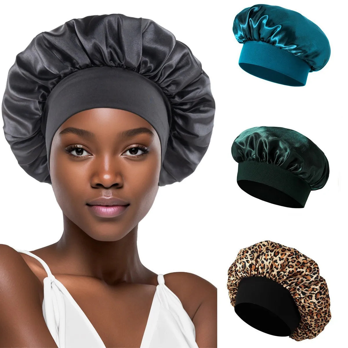 Black satin-finish cap with a wide elasticated band