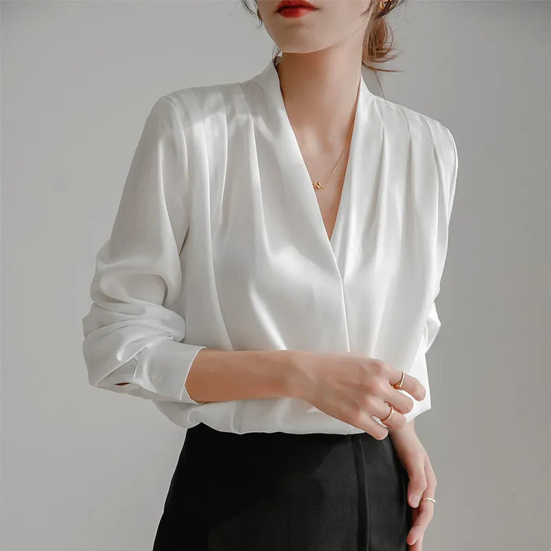 White satin long-sleeve blouse