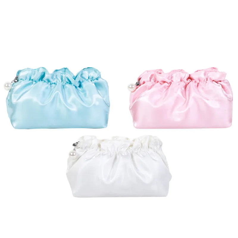 Satin beauty pouches in Sky Blue, Pink and White