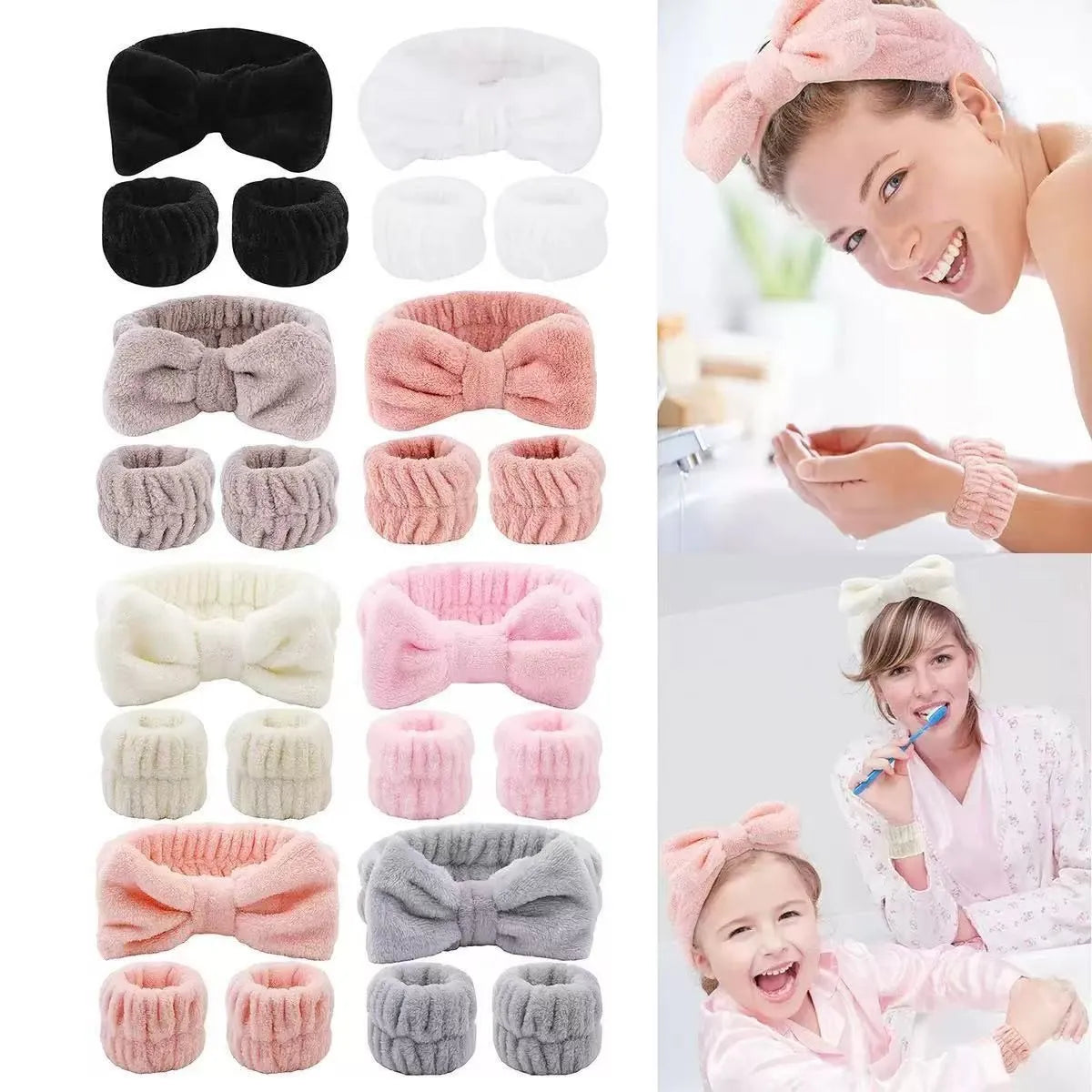 Soft bow skincare headbands with matching wristbands