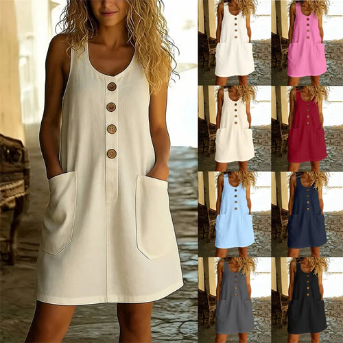 Button-Front Sleeveless Midi Dress